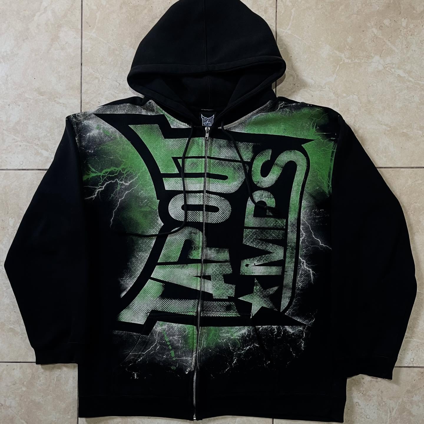 Vintage Zip Hoodie - ヴィンテージグリーンタポアウトプリントジッパーパーカー Y2K トレーナー女性メンズヒップホップレター特大パーカージャケットコートストリート
