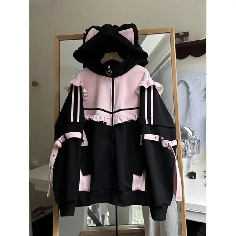 Vintage Zip Hoodie - 女性のためのヴィンテージカワイイコート,y2k服,韓国スタイル,シックなカーディガン,パッチワーク,日本,甘い,女性,秋,冬