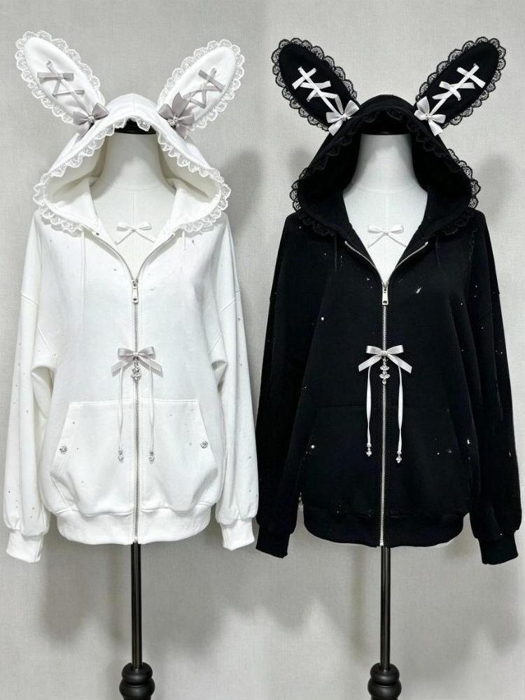 Vintage Zip Hoodie - スイートウィンターキュートラビットイヤーロリータコート レディースカジュアル バンデージレース オーバーサイズスウェットシャツ Y2K ハラジュク