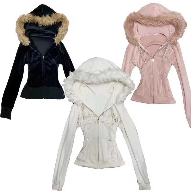Vintage Zip Hoodie - パーカーコート女性パンクフード付きスウェットシャツ毛皮の襟ジャケットジッパーポケット女性ストリートヴィンテージアウター春 2026