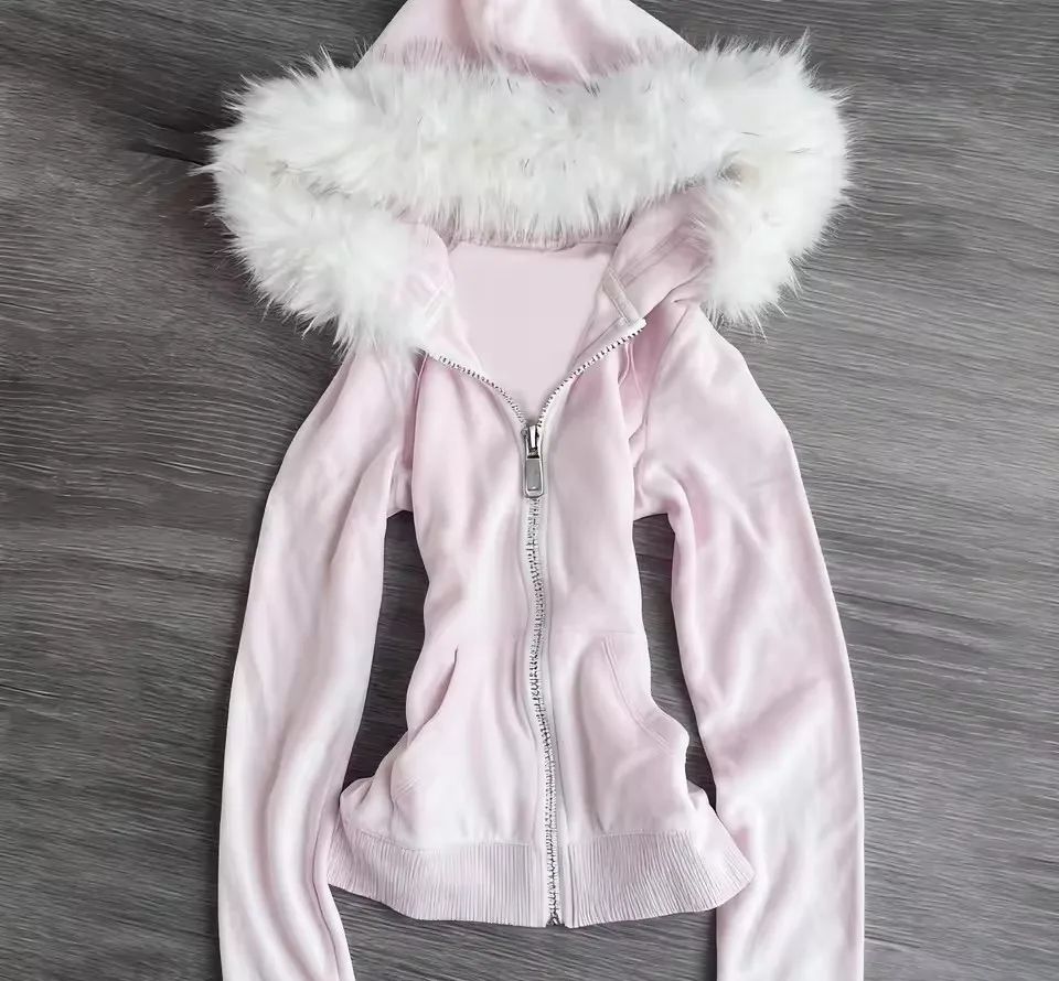 Vintage Zip Hoodie - 冬のレトロピンクファーフーディー女性の Y2K 原宿人工毛皮の襟ジャケットファッション痩身ベルトホットガールスポーツウェア