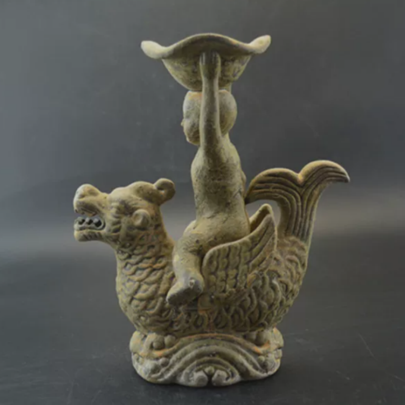 Collectible Vintage Lamps - ヴィンテージ越窯キリンオイルランプベース - 伝統的な中国の陶磁器神話上の獣の彫刻、デスクトップ装飾品＆コレクション品