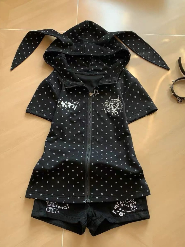 日本のスタープリントウサギの耳パーカー女性カジュアル漫画刺繍 - Vintage Zip Hoodie のレビューと価格