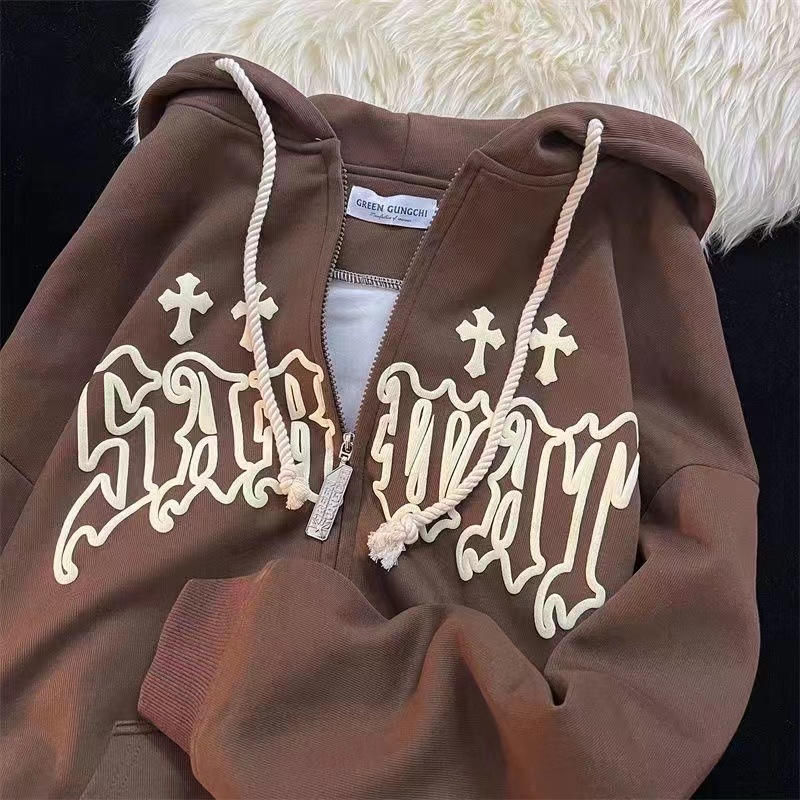 フード付きスウェットシャツ,レタリングプリント,長袖,ルーズ - Vintage Zip Hoodie のレビューと価格