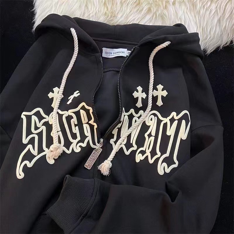 フード付きスウェットシャツ,レタリングプリント,長袖,ルーズ - Vintage Zip Hoodie のレビューと価格