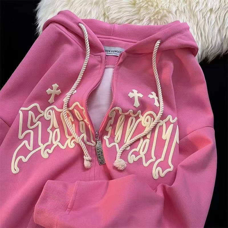フード付きスウェットシャツ,レタリングプリント,長袖,ルーズ - Vintage Zip Hoodie のレビューと価格