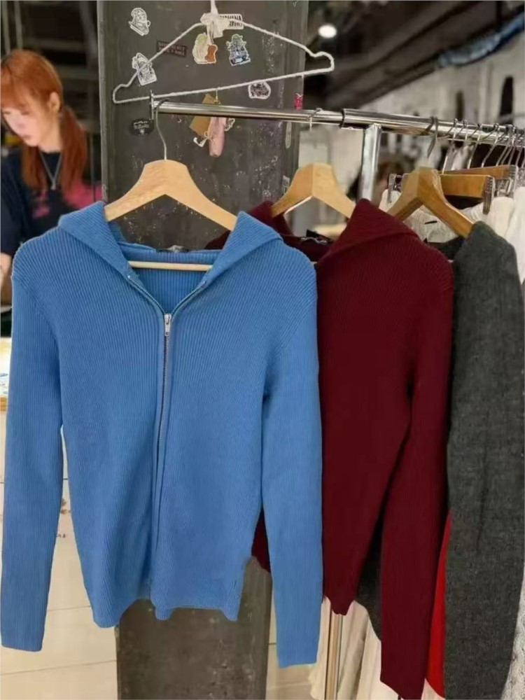 ブルーニットパーカートップス女性秋の新ヴィンテージカジュアル - Vintage Zip Hoodie のレビューと価格