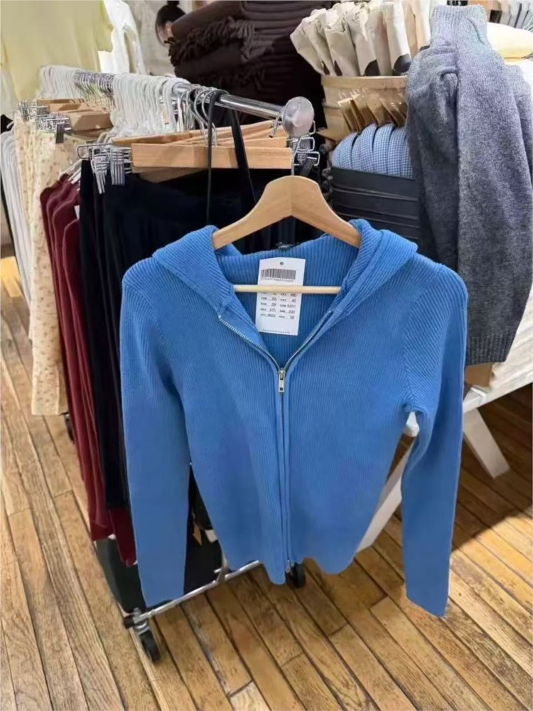ブルーニットパーカートップス女性秋の新ヴィンテージカジュアル - Vintage Zip Hoodie のレビューと価格
