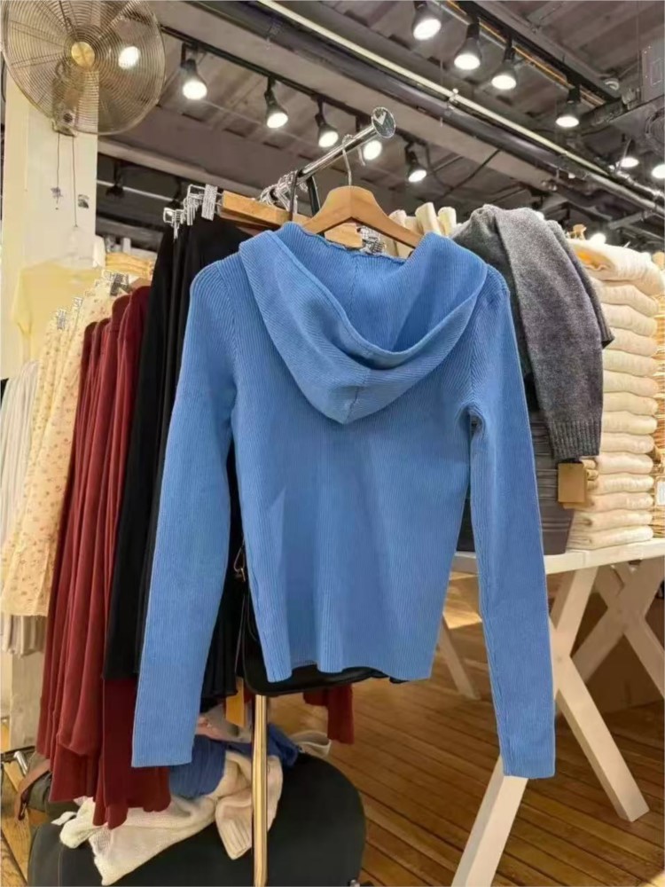 ブルーニットパーカートップス女性秋の新ヴィンテージカジュアル - Vintage Zip Hoodie のレビューと価格