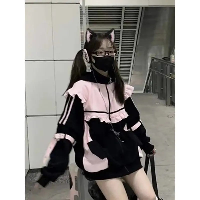 女性のためのヴィンテージカワイイコート,y2k服,韓国スタイ - Vintage Zip Hoodie のレビューと価格