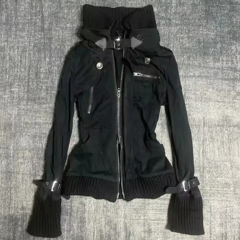 Y2K ゴシック ブラック スリム ダブル ジッパー パーカ - Vintage Zip Hoodie のレビューと価格