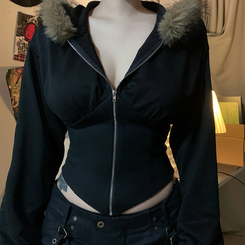 ダークゴス秋冬フェイクファー襟付き無地フード付きコート レデ - Vintage Zip Hoodie のレビューと価格