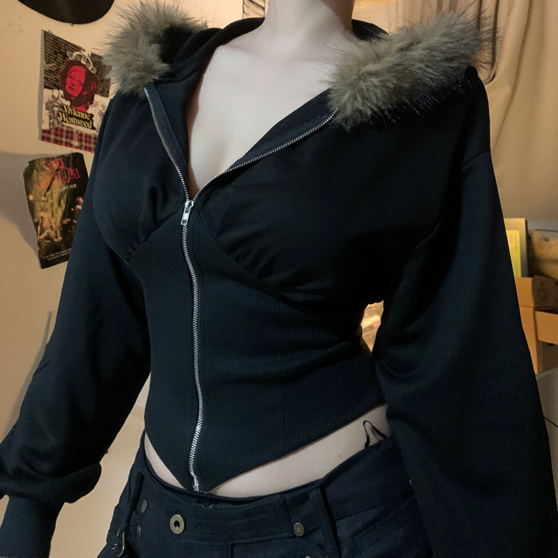 ダークゴス秋冬フェイクファー襟付き無地フード付きコート レデ - Vintage Zip Hoodie のレビューと価格