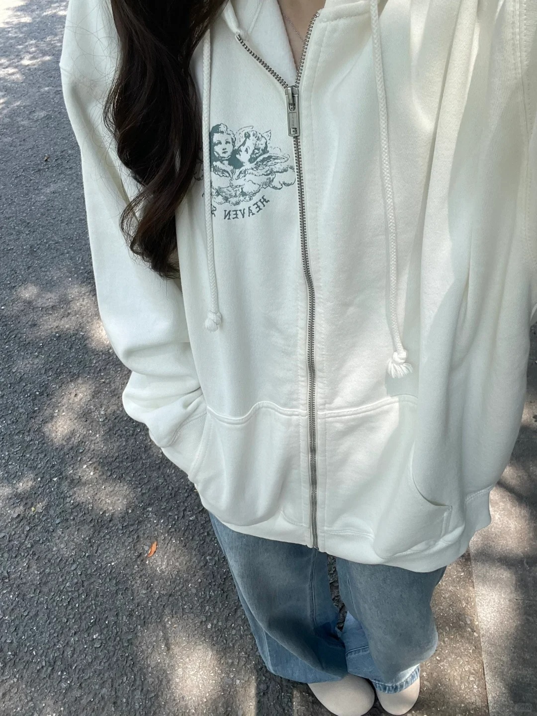 ポケットジップアップスウェットシャツトップス女性ホワイトコッ - Vintage Zip Hoodie のレビューと価格